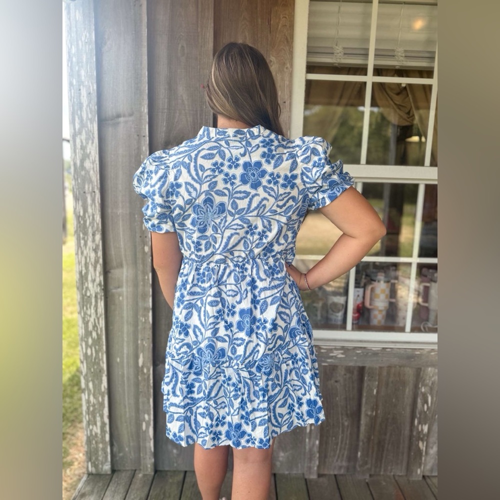 LOVESOFT Blue Flower Print Puff Sleeve Tiered Flowey Mini Dress - Picture 4 of 7